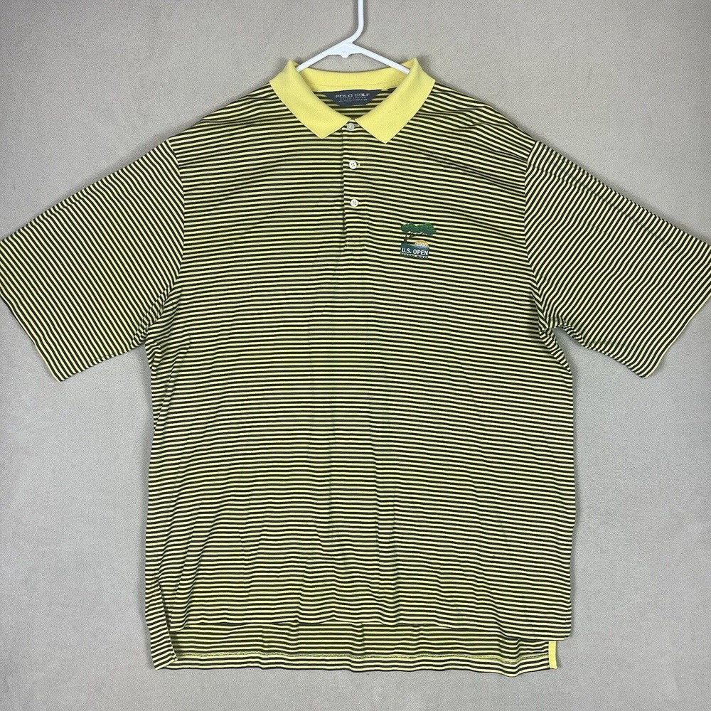 Ralph Lauren Polo Golf Polo Shirt Mens XL Yellow Striped 2008 US Open‎ Logo